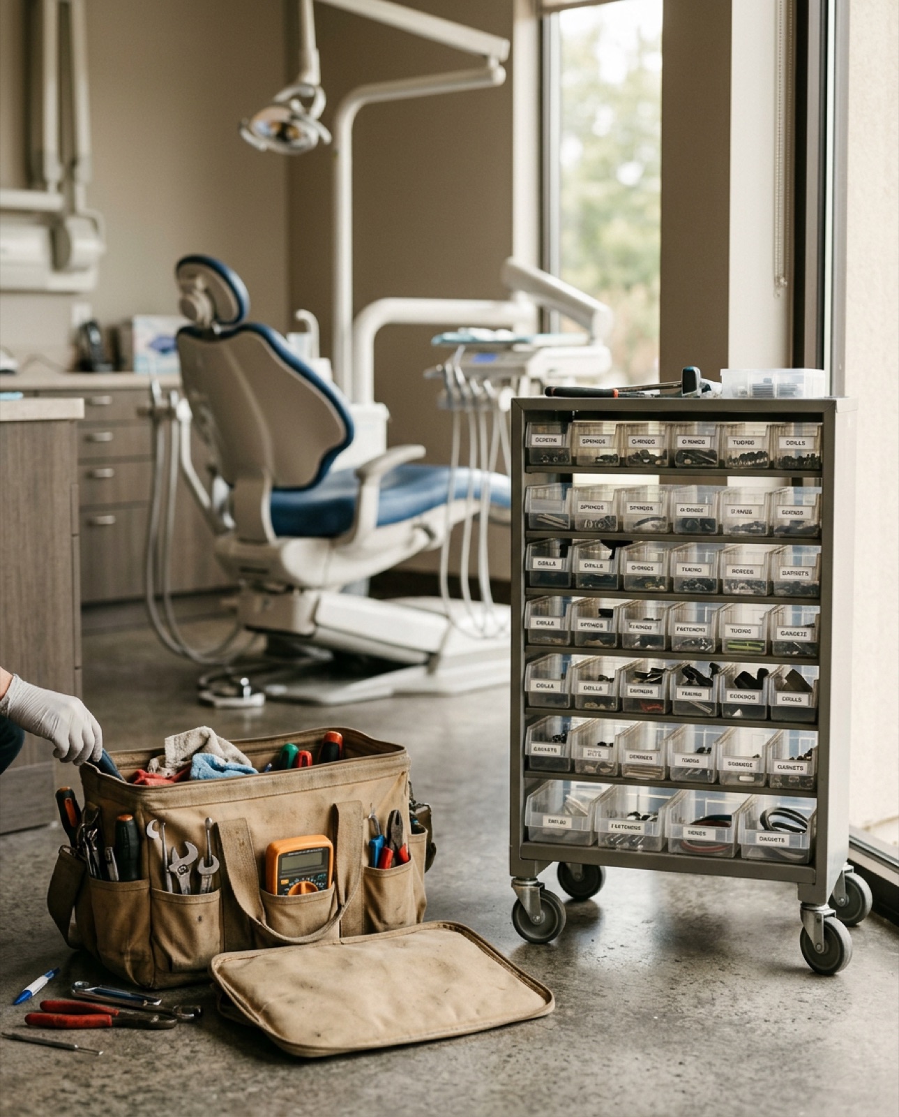 Technician's tool bag and parts cart in a dental operatory